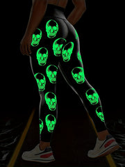 Skull Print Glow-in-the-Dark Leggings High Waisted Elastic Leggings