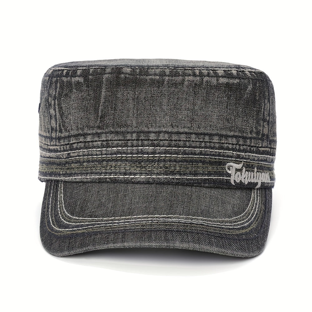 Washed Denim Military Cap Embroidered Army Hat Women Flat Top Cadet Hats