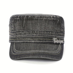 Washed Denim Military Cap Embroidered Army Hat Women Flat Top Cadet Hats