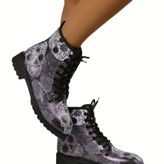 Skull & Flower Round Toe Ankle Boots Chunky Low Heel Short Boots