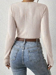 Casual Sweater Solid Ribbed Long Sleeve Surplice Neck Jumper