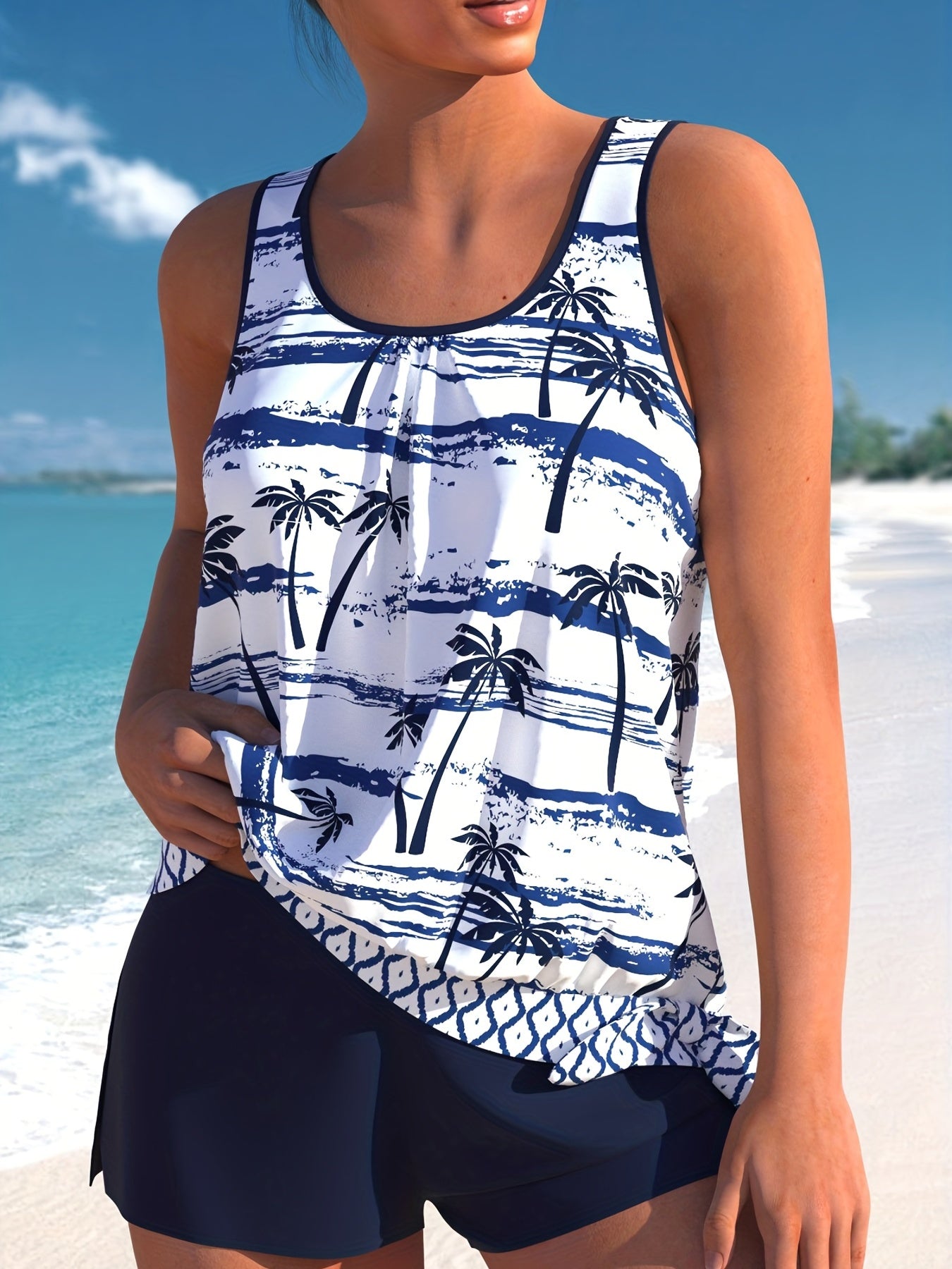 Tropical Print Tankini Set Round Neck Knot Side Swimwear 2 Piece Set