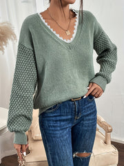 Lace V Neck Pullover Sweater Casual Long Sleeve Drop Shoulder Sweater