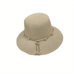 Faux Pearl Chain Bucket Hat Solid Summer Sun Hat Straw Beach Hats