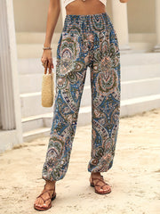 Paisley Print Shirred Waist Boho Jogger Pants Women's Clothing