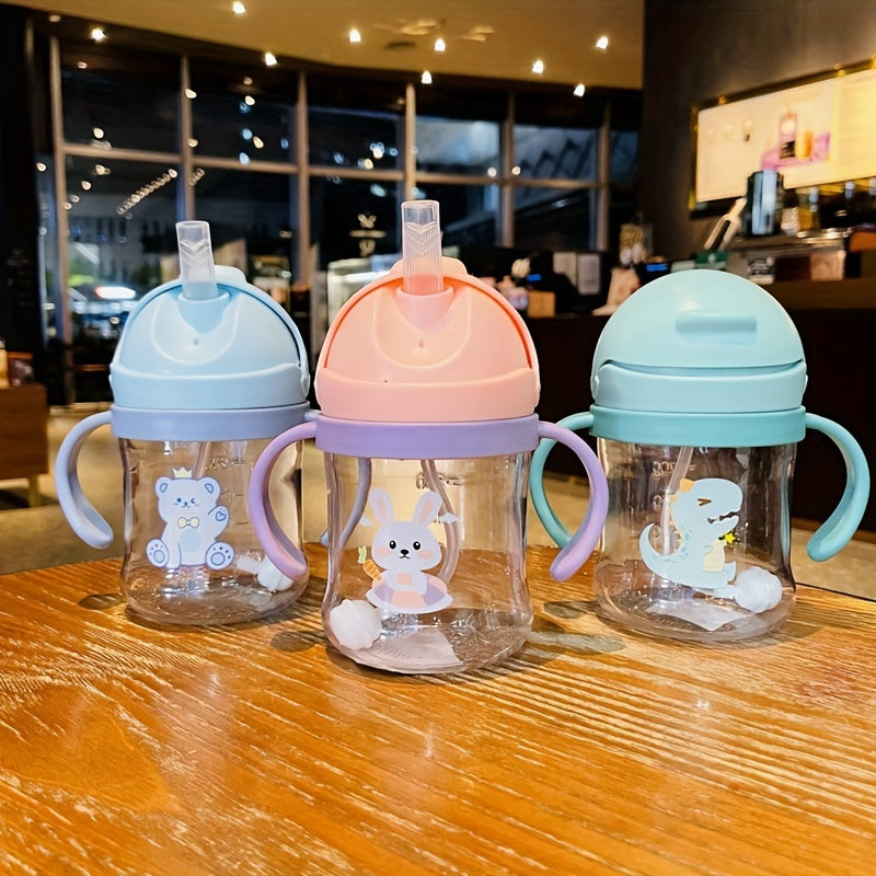 250ml Cartoon Water Cup with Double Handles, Leakproof Straw Bottle for Outdoor