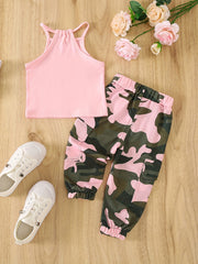 Girls Letter Halter Top & Camouflage Cargo Pant Set Summer Clothes