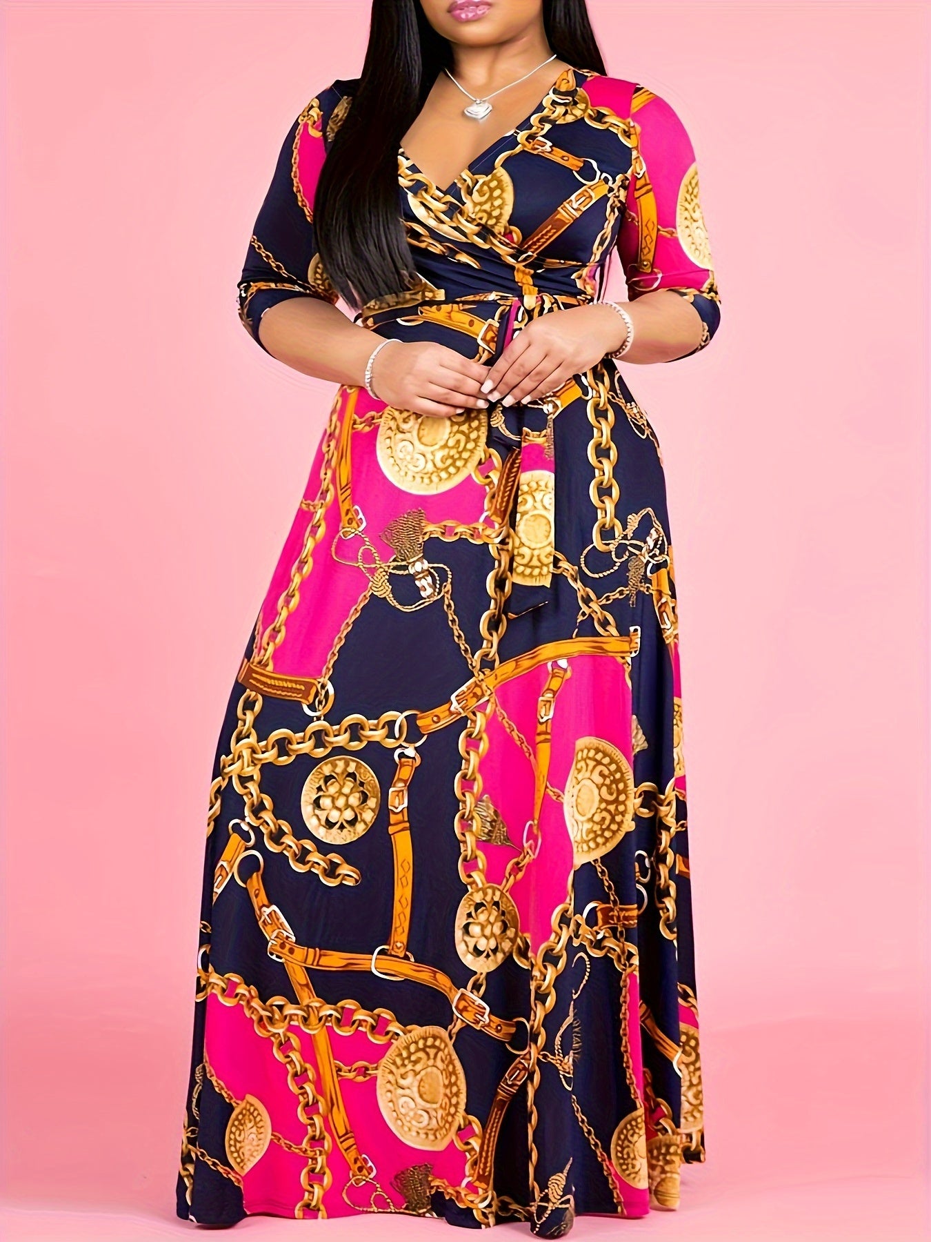 Colorblock Chain Print Maxi Dress