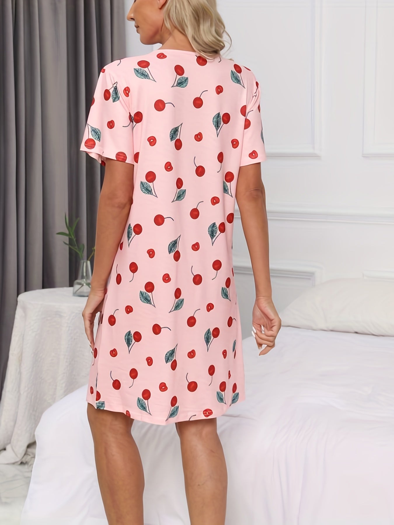Cherry Print Lounge Dress Short Sleeve Women's Sleepwear