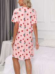 Cherry Print Lounge Dress Short Sleeve Women's Sleepwear