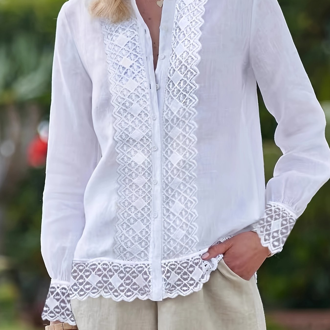 Solid Contrast Lace Button Long Sleeve Blouse