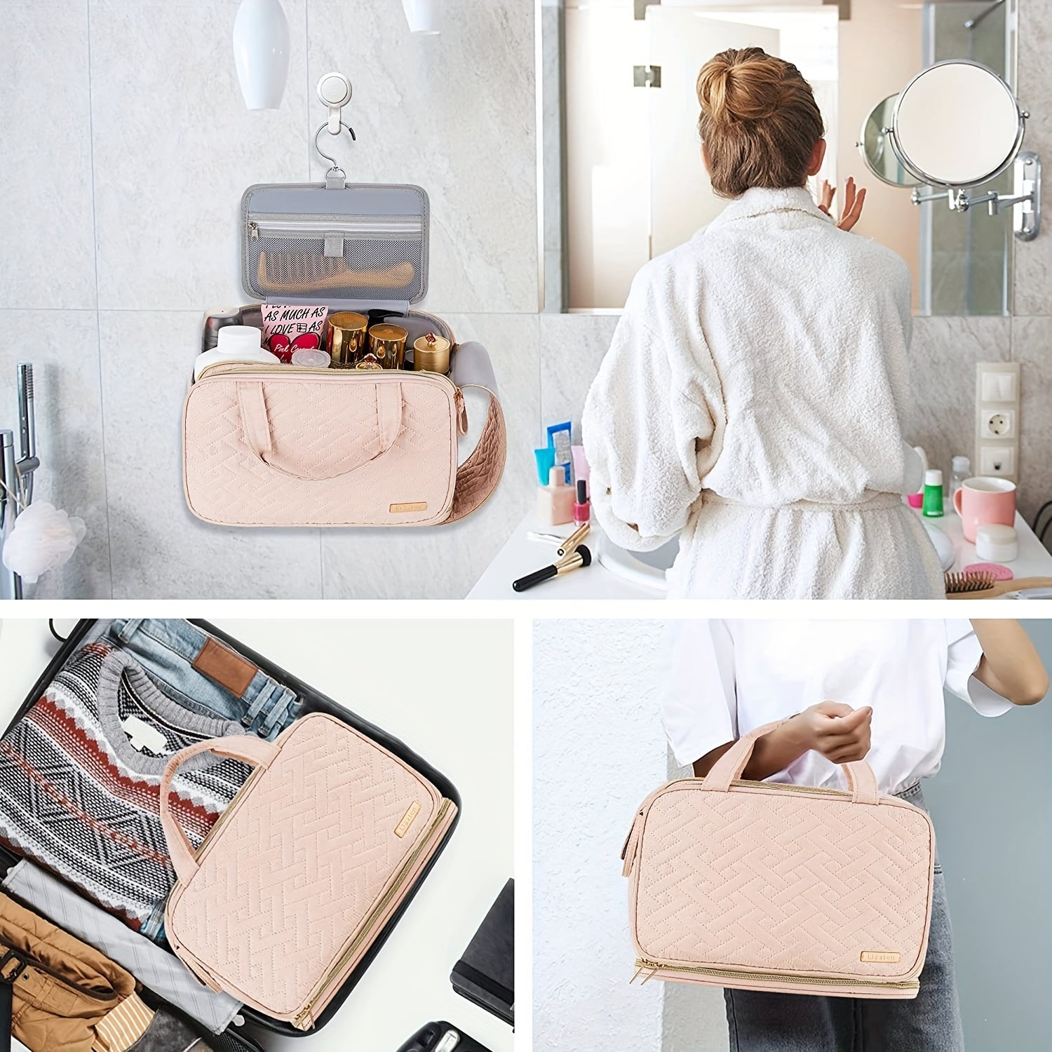 Large Capacity Toiletry Bag Portable Cosmetic Organizer Pink