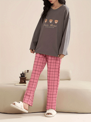Bear Print Pajama Set Long Sleeve Crew Neck Top & Plaid Pants
