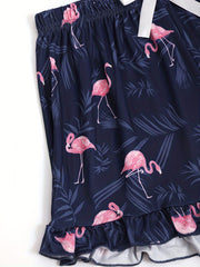 Flamingo Print Lounge Bottoms Elastic Waist Shorts Women's Sleepwear