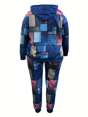 Women's Plus Patchwork Hoodie & Pants Set Two Piece Outfit