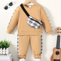 Plaid Pattern Toddler Boy's 3pcs Sweatshirt & Crossbody Bag & Sweatpants Set