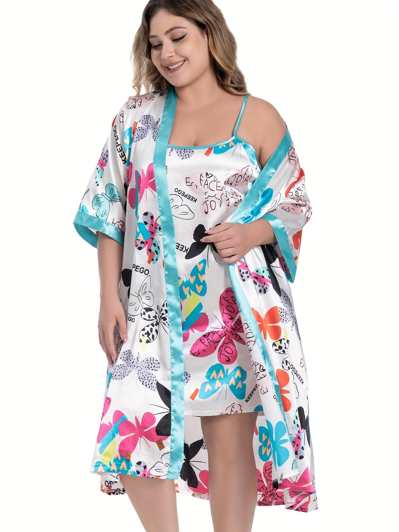 Butterfly Print Cami Dress & Robe Lounge Set