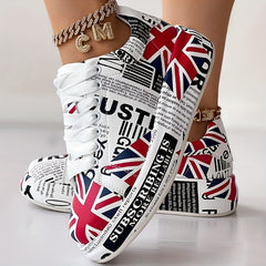 Women's Letter & Flag Print Sneakers Low Lace Up Flatform Shoes