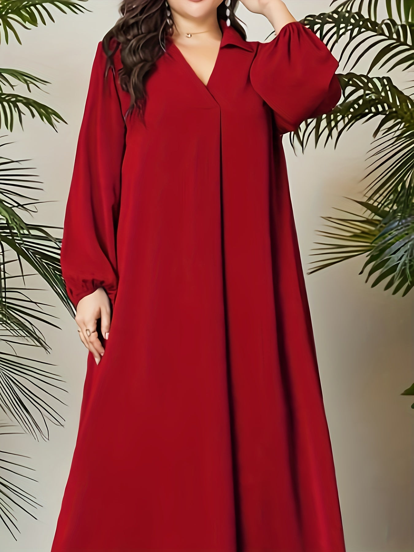 V Neck Maxi Dress Lantern Sleeve Loose Fit