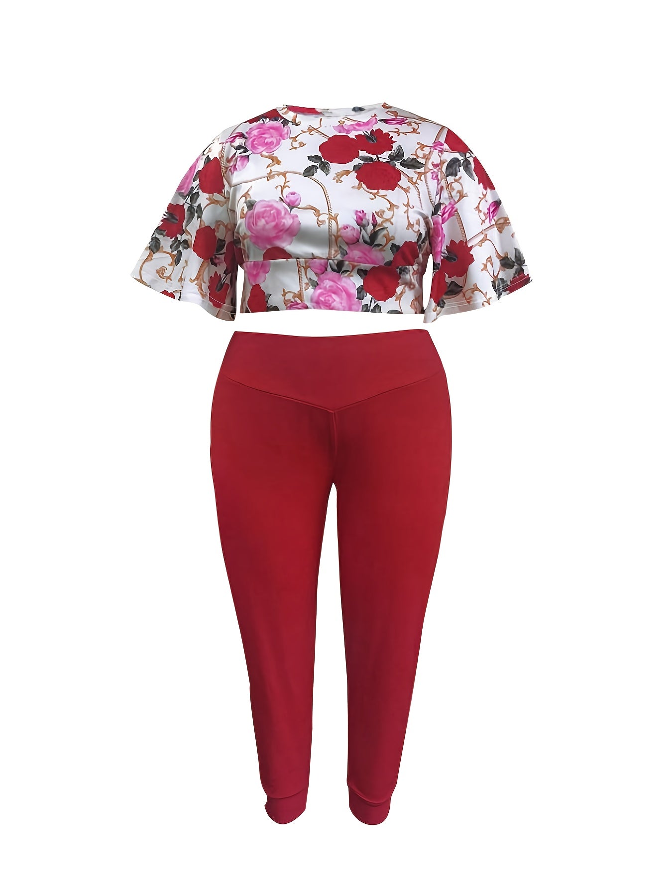 Plus Floral Bell Sleeve Crop Top & Solid Pants Set