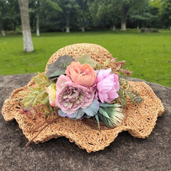 Flower Garland Decor Sun Hat Ruffles Straw Hats UV Protection Beach Hat