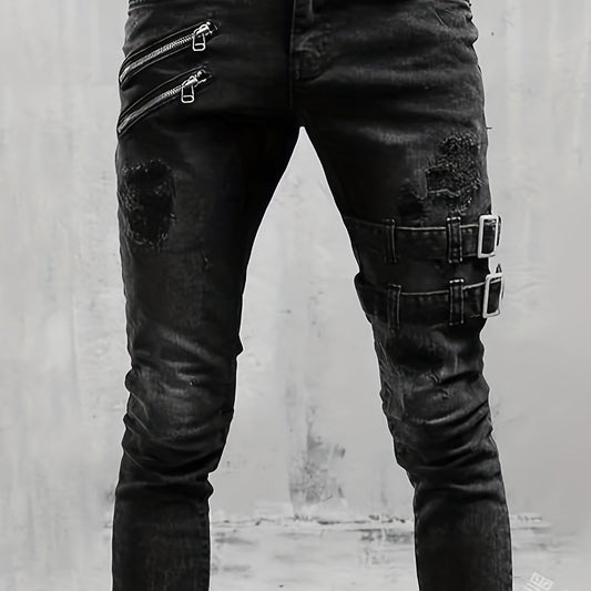 Men's Ripped Biker Jeans Slim Fit Distressed Stretch Denim Pants