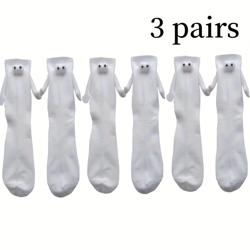 3 Pairs Creative Sweat-absorbing Mid-calf Socks with 3D Magnetic Dolls
