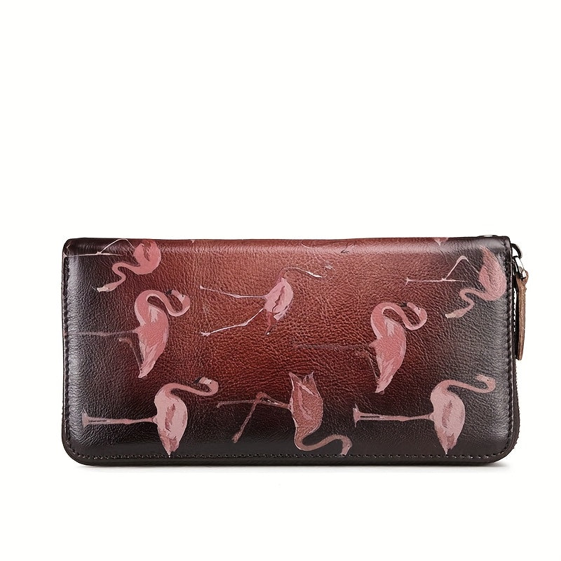 Vintage Flamingo Print Leather Purse for Women Large Capacity Zipper Wallet