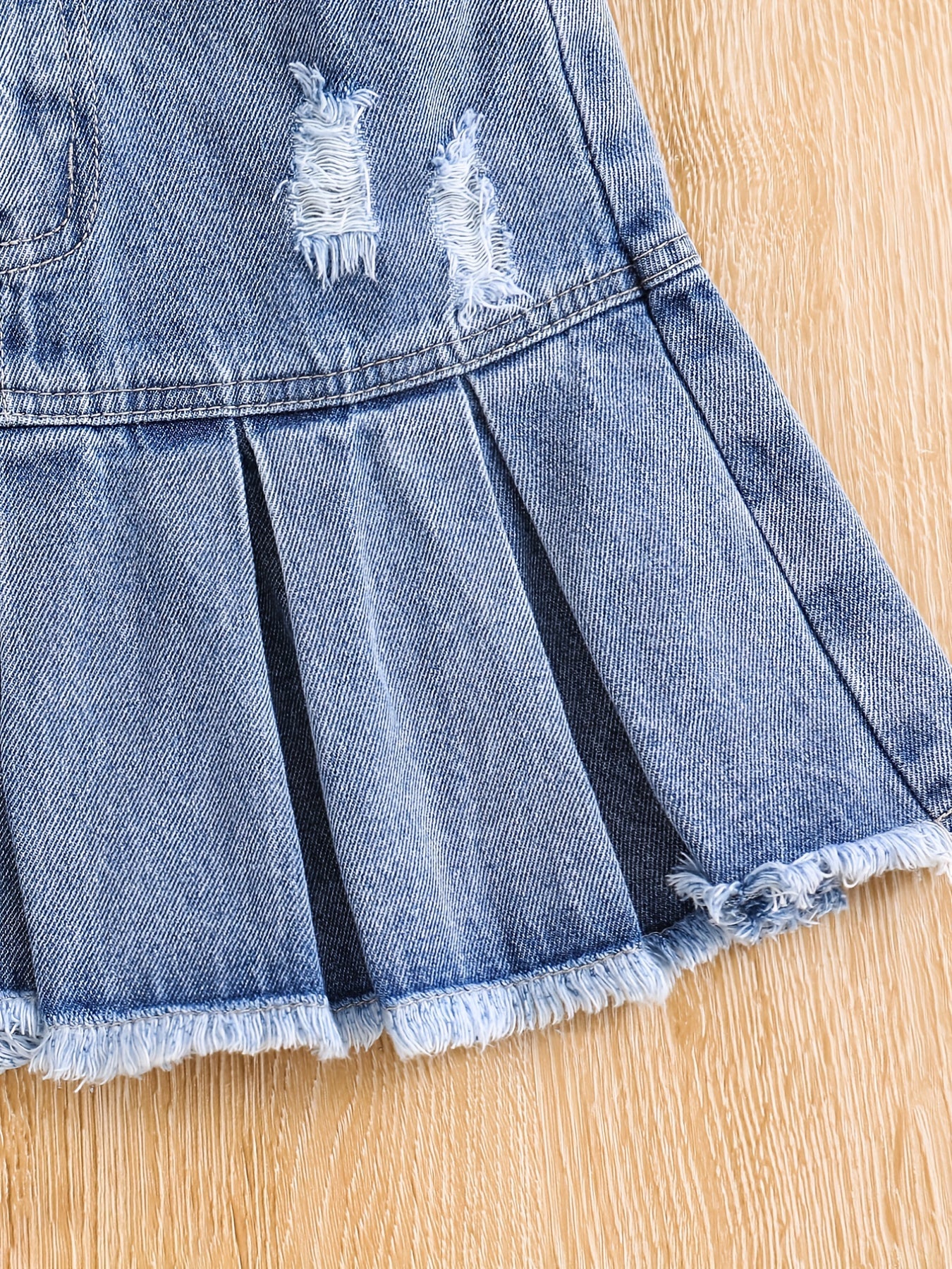 Girls Casual Ripped Denim Skirt Pleated Elastic Waist Kids Mini Skirt