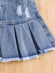 Girls Casual Ripped Denim Skirt Pleated Elastic Waist Kids Mini Skirt