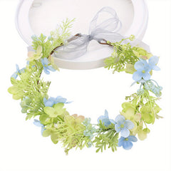 Floral Crown Headband Artificial Rattan Leaf Hair Wreath with Ribbon