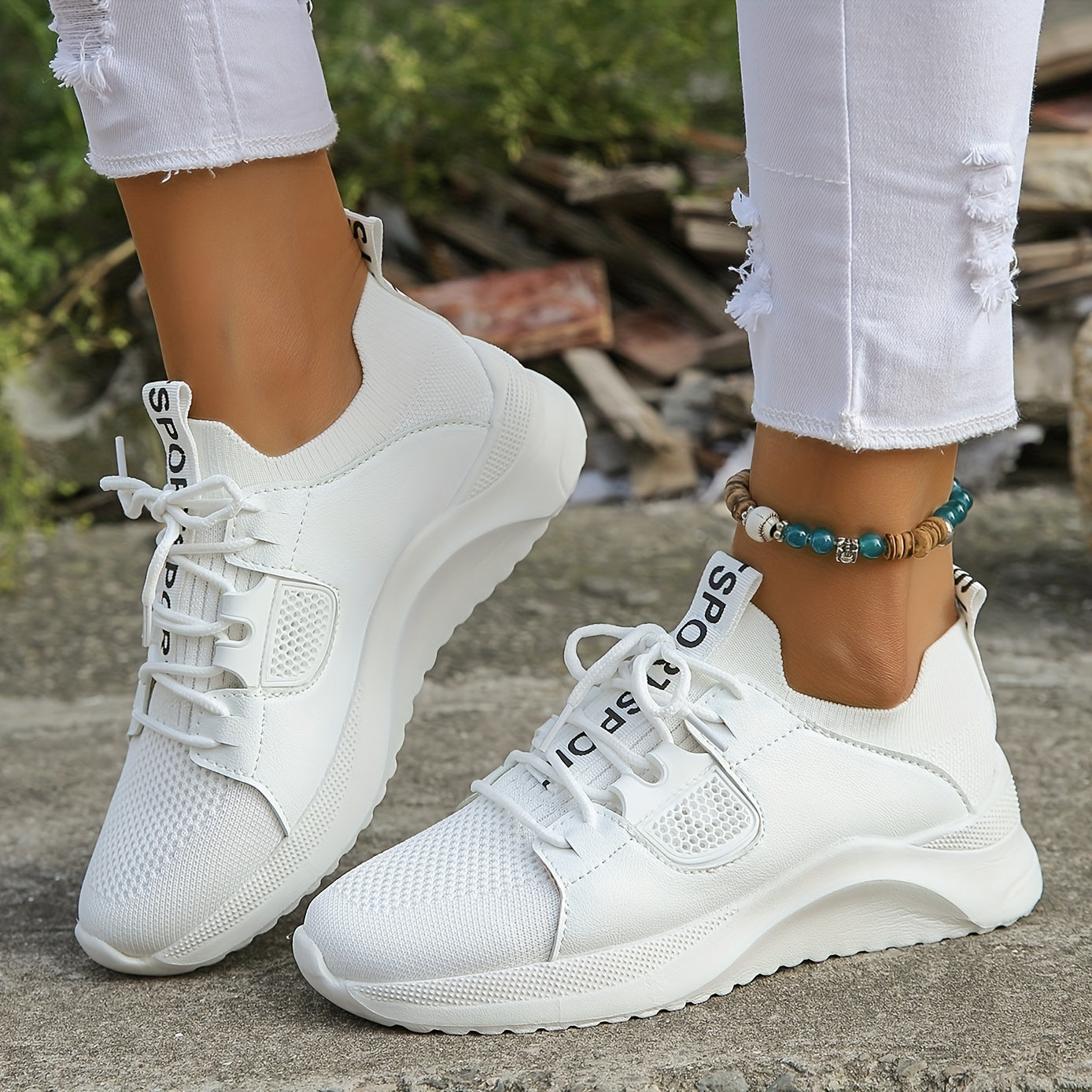 Women's Knitted Lace Up Sneakers Comfortable Breathable Running Shoes