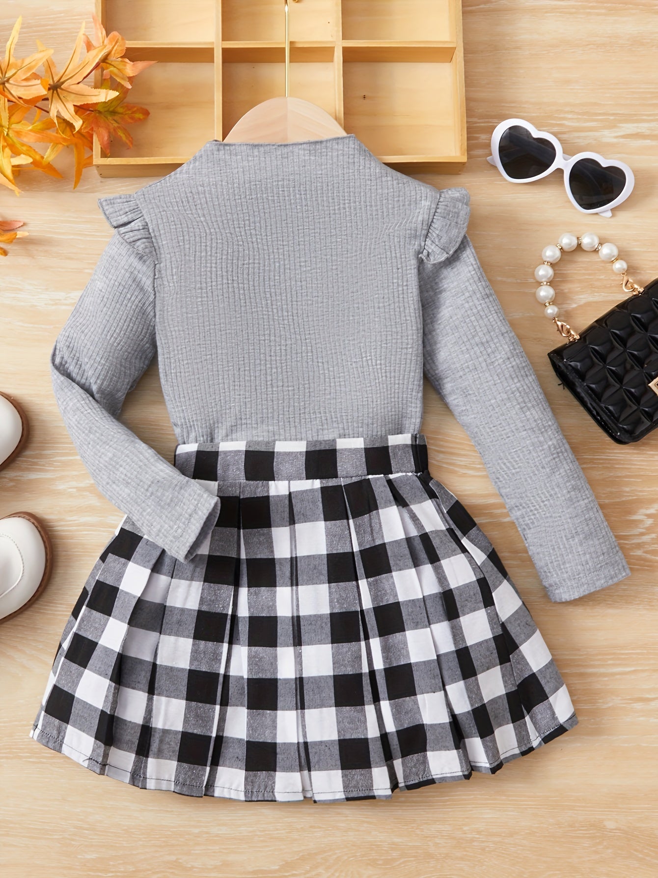 Girl's Mock Neck Top & Plaid Skirt Set Preppy Style Outfit