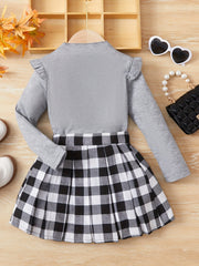Girl's Mock Neck Top & Plaid Skirt Set Preppy Style Outfit