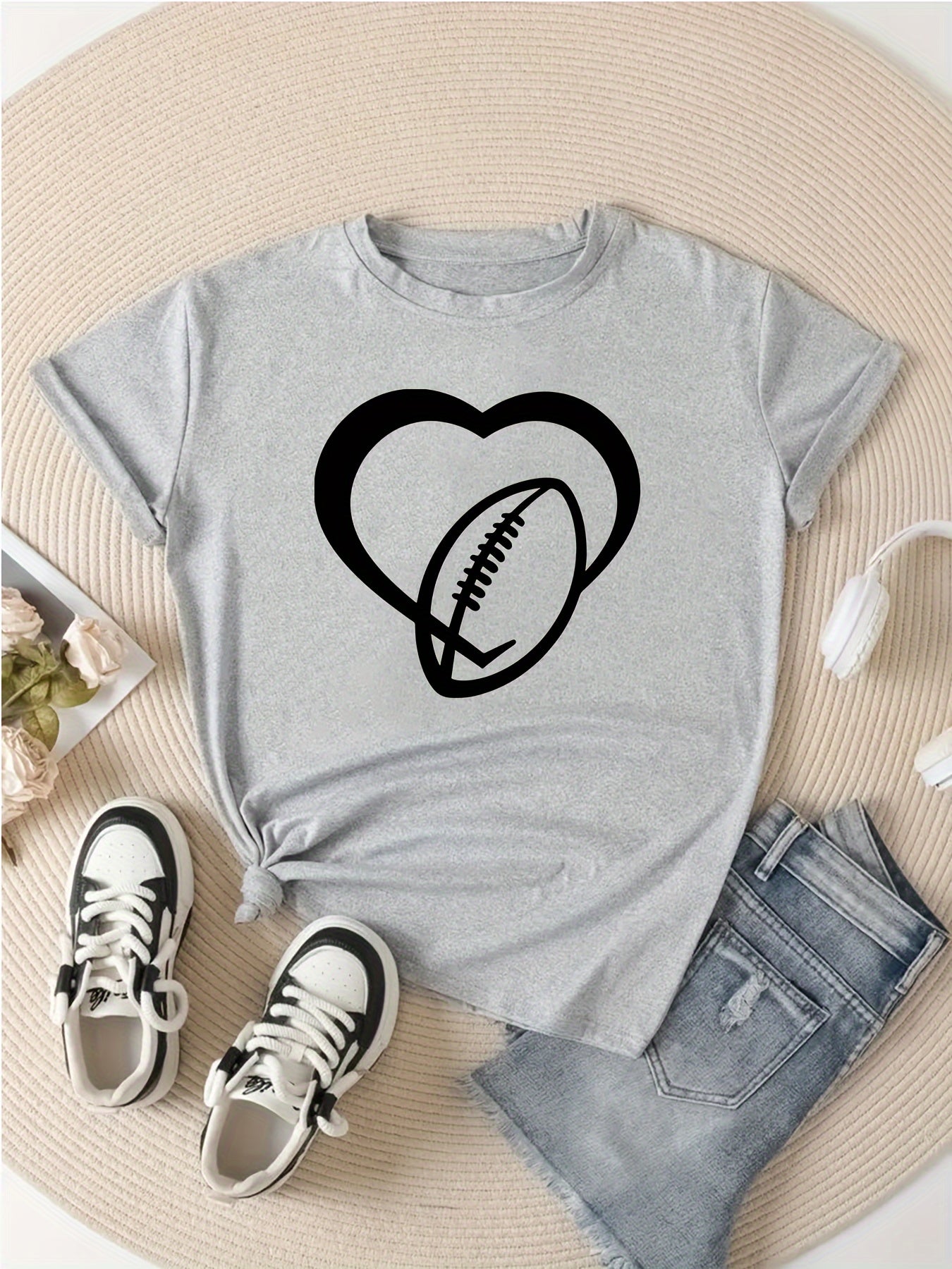 Football Heart Graphic Sports T-shirt Round Neck Workout Top Women's Activewear