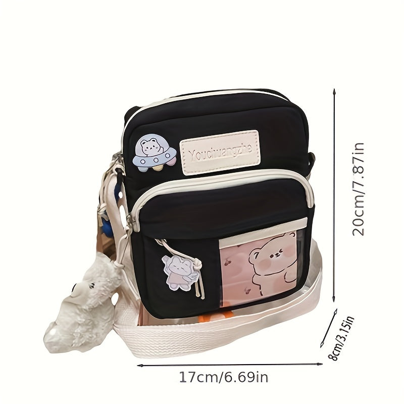 Cartoon Nylon Crossbody Bag With Bear Doll & Badge for Kids