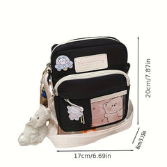 Cartoon Nylon Crossbody Bag With Bear Doll & Badge for Kids