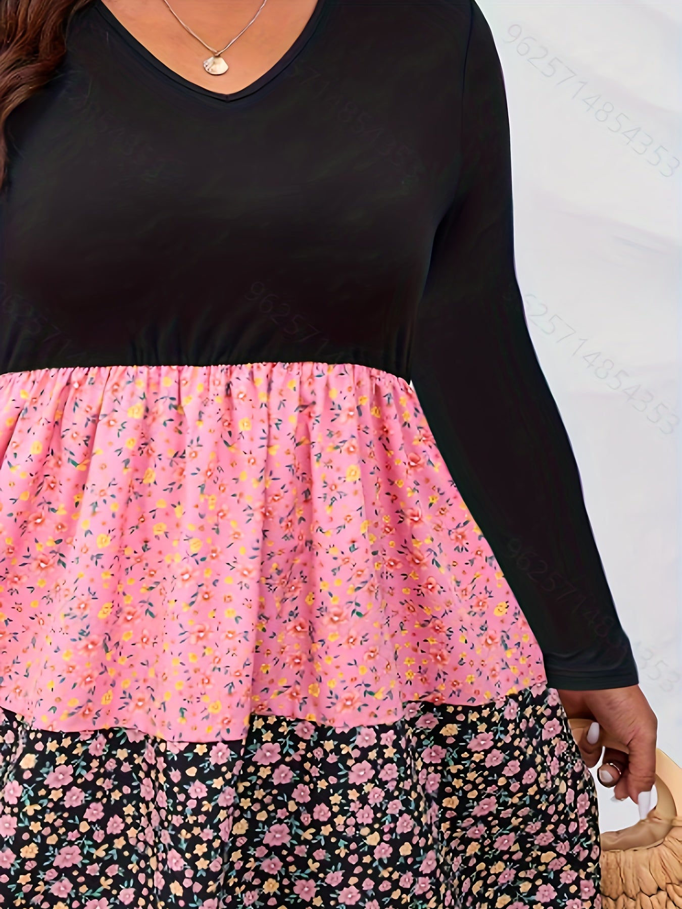 Colorblock Ditsy Print Long Sleeve V Neck Mini Dress