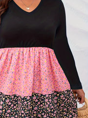 Colorblock Ditsy Print Long Sleeve V Neck Mini Dress