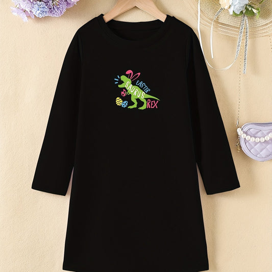 Easter Dinosaur Short Sleeve Casual T Shirt Dress for Toddler Girls