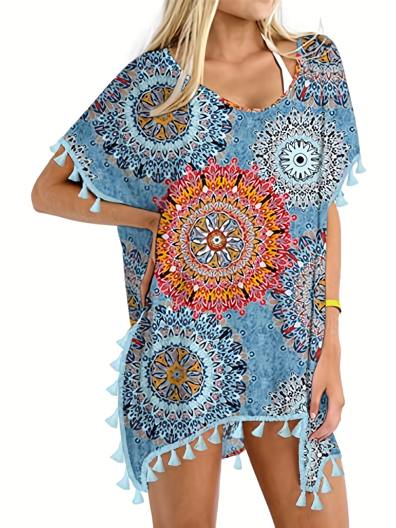 Floral Print Tassel Trim Beach Cover Up Kaftan Dress