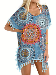 Floral Print Tassel Trim Beach Cover Up Kaftan Dress