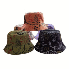 Letter Graffiti Bucket Hat Large Brim Sun Hat Men Women Outdoor Casual