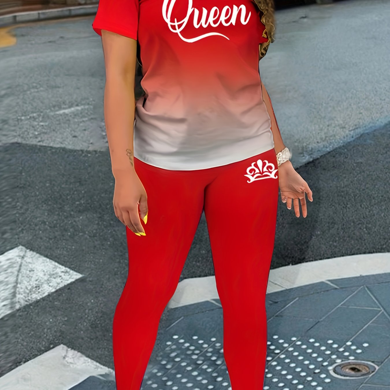 Ombre & Letter Print Tee & Leggings Set