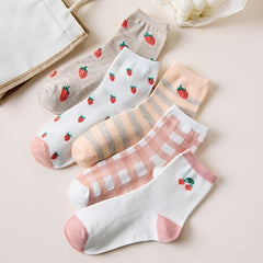 5 Pairs Strawberry Print Socks Women's Mid Tube Stockings