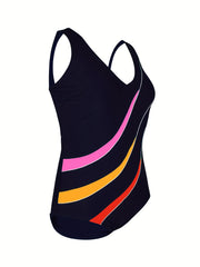 Stripe Print V Neck One Piece Swimsuit