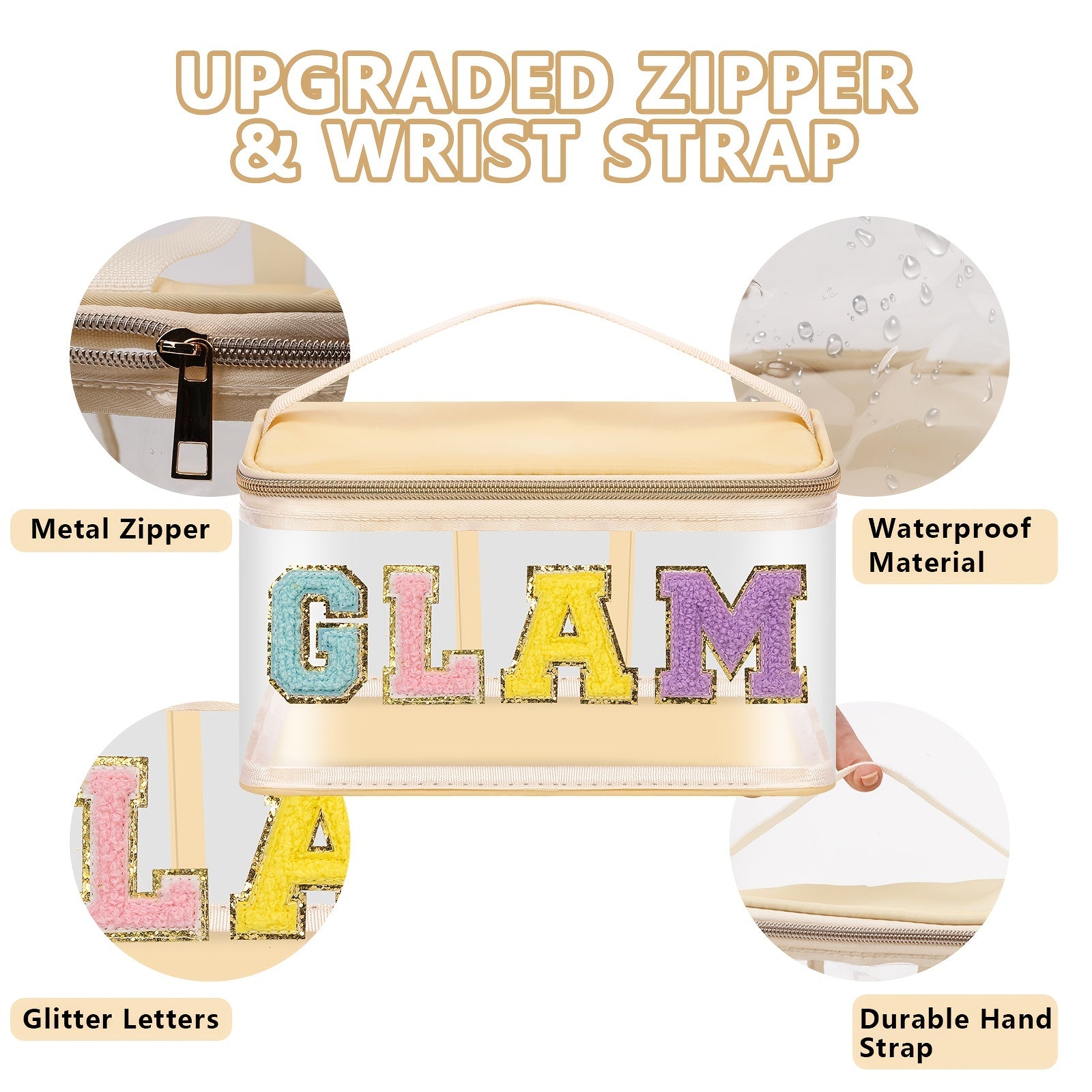 Chenille Letter Clear Makeup Bag Waterproof Glitter Cosmetic Handbag