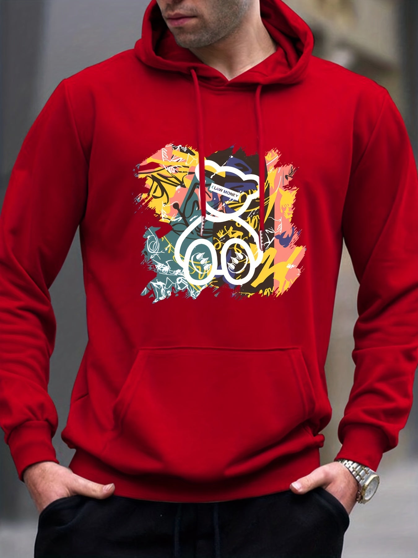 Cartoon Bear & Graffiti Print Hoodie for Men