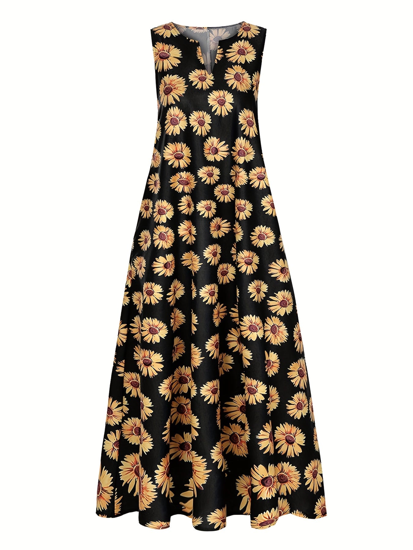 Sunflower Print Tank Dress Sleeveless Maxi A-line Notched Neck