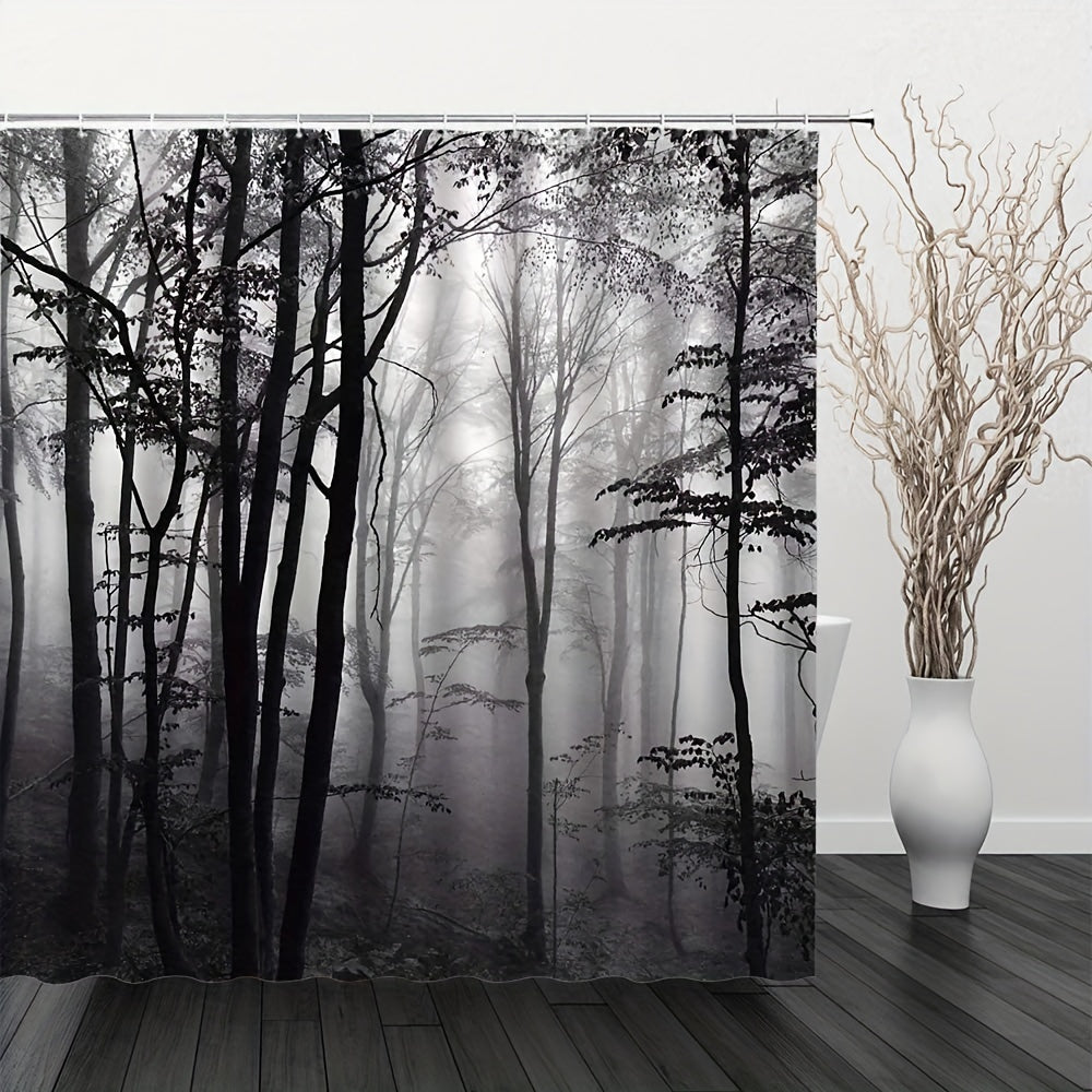 Forest Theme Shower Curtain & Wood with Foggy Pattern Waterproof Fabric